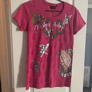 Christian Audigier Fuchsia Angel Graphic Tee